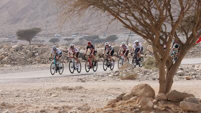 The pack rides during the fifth stage of the UAE Tour from Fujairah Marine Club to Jebel Jais. AFP