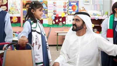 UAE Vice President, Prime Minister and Ruler of Dubai Sheikh Mohammed bin Rashid Al Maktoum, today, visited the National Charity Schools in Al Qarhoud, Dubai in response to a wish made by Mira Ali Murad, a student in the 3rd basic class of the school.