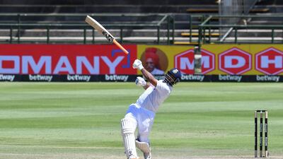 India's Rishabh Pant loses grip of his bat playing a shot. AFP