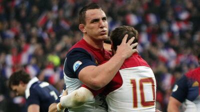 France's Louis Picamoles, left, andCamille Lopez celebrate after defeating Scotland during their Six Nations match at the Stade de France stadium in Saint-Denis, France on February 12, 2017. Christophe Ena / AP