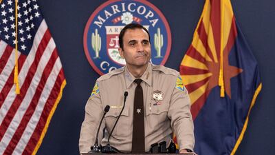 Sheriff Paul Penzone speaks as election officials and police hold a news conference to warn against 'false election narratives' in Phoenix, Arizona. EPA