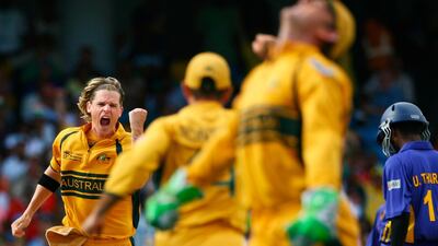 Nathan Bracken of Australia celebrates the wicket of Upul Tharanga. Getty