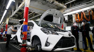 A Toyota car factory in Onnaing, northern France. The Japanese car maker will slash its production plan by 40 per cent in September owing to a shortage of semiconductor chips. AP