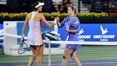 Kim Clijsters and Garbine Muguruza after their match at the Dubai Duty Free Tennis Championships. Chris Whiteoak / The National
