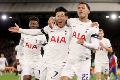 Son Heung-min celebrates scoring for Tottenham Hotspur against Crystal Palace on October 27, 2023. Getty Images