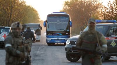 A bus carrying civilians removed from the Azovstal steel plant in Mariupol, Ukraine. Reuters