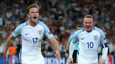 Eric Dier of England (L) celebrates after scoring the 1-0 with teammate Wayne Rooney of England (R) during the Uefa Euro 2016 group B preliminary round match between England and Russia at Stade Velodrome in Marseille, France, 11 June 2016. Oliver Weiken / EPA