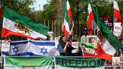 Protesters in London call for Iran's Islamic Revolutionary Guard Corps to be listed as terrorists after the drone and missile attack on Israel. Getty Images
