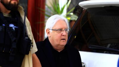 The UN special envoy for Yemen, Martin Griffiths (R), arrives at Sanaa international airport in the Yemeni capital on April 8, 2019. AFP