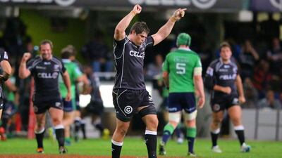 Willem Alberts of Coastal Sharks celebrates after their Super Rugby quarter-finals win over Otago Highlanders on Saturday. Anesh Debiky / AFP / July 19, 2014