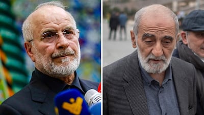 Iran's Parliament Speaker Mohammad Bagher Ghalibaf, left, and Hossein Shariatmadari, editor-in-chief of the Kayhan newspaper. AFP / Getty Images