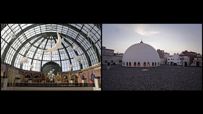 Ramadan decorations hanging in Mall of the Emirates / The dome of Masjid Kuwait Lootah Mosque after sunset in Deira