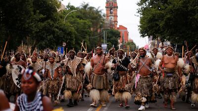 Supporters of Prince Misuzulu gather at the High Court in Pietermaritzburg where the judge ruled he is the rightful heir to the Zulu throne. Reuters