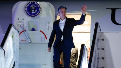 US Secretary of State Antony Blinken arriving in Tel Aviv on Tuesday, during his week-long trip aimed at calming tensions across the Middle East. AFP