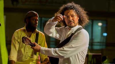 Aziz Sahmaoui and the University of Gnawa performing at the Jazzablanca Festival in Casablanca, Morocco on July 6, 2019. Courtesy of Jazzablanca Festival.