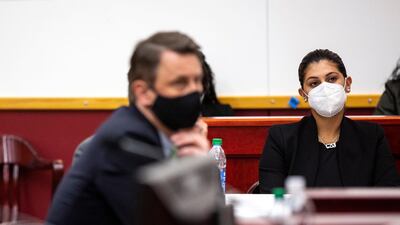 'Des Moines Register' reporter Andrea Sahouri listens to closing statements in her trial after being arrested while covering a protest last summer, March 10, 2021. The Register/USA Today Network via REUTERS