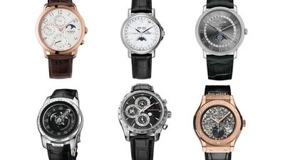 CALENDAR - Calendar watches come in many incarnations and this is a tough field to judge. Clockwise from top left: Hermès Slim d’Hermès QP, Claude Meylan Full Calendar, Blancpain Villeret Quantième Complet, Hublot Classic Fusion Aeromoon, Carl F Bucherer Manero ChronoPerpetual Only Watch 2015 and Ulysse Nardin FreakLab. Courtesy GPHG
