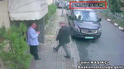CCTV video obtained by the Turkish newspaper Hurriyet shows Saudi journalist Jamal Khashoggi entering the Saudi consulate in Istanbul, Tuesday, Oct. 2, 2018. CCTV/Hurriyet via AP