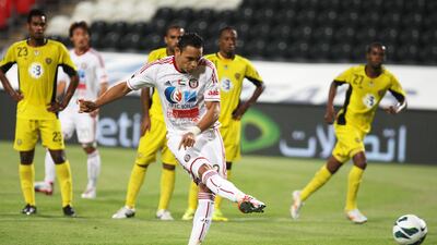 Jazira's Ricardo De Oliveira scores from the spot to level the scores after Wasl had taken the lead at Mohammad Bin Zayed stadium in Abu Dhabi. Pawan Singh / The National
