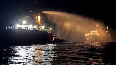 A tug vessel puts out a fire on the Gaza Freedom Flotilla vessel Conscience, outside Maltese territorial waters. Reuters