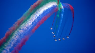 Al Fursan, or the Knights, the UAE's Air Force aerobatic display team, perform during the 2023 Dubai Airshow. AP
