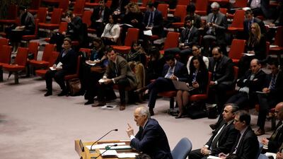 Syrian Ambassador to the United Nations Bashar al-Ja'afari (C) speaks after the vote on the resolution calling for a 30-day ceasefire for the purpose of allowing humanitarian aid to reach citizens in Syria at a Security Council meeting at United Nations headquarters in New York. Peter Foley / EPA