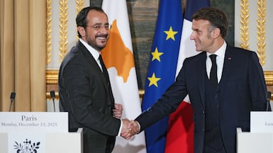 From left, Cyprus President Nikos Christodoulides and his French counterpart Emmanuel Macron have strengthened ties between their two countries. EPA