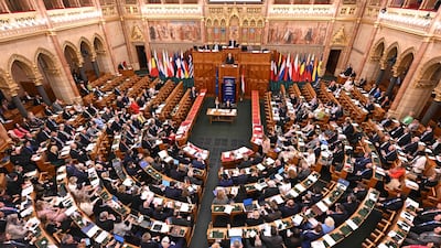 Hungarian Prime Minister Viktor Orban addresses the Conference of Speakers of the EU Parliaments in Budapest. AFP