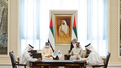 President Sheikh Mohamed and Sheikh Mohammed bin Rashid, Vice President and Ruler of Dubai, with Dr Sultan Al Jaber, front right, and Sheikh Ahmed bin Saeed.