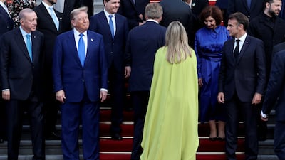 Turkey's President Recep Tayyip Erdogan, US President Donald Trump, Dutch King Willem-Alexander, Queen Maxima and France's President Emmanuel Macron in The Hague. Reuters