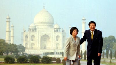 Chinese Prime Minister Zhu Rongji and his wife Lao An visit the Taj Mahal on January 13, 2002. Getty Images