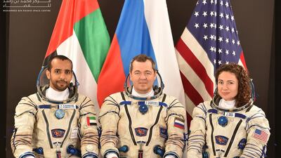Emirati astronaut Hazza Al Mansouri with Roscosmos commander Oleg Skripochka and American Nasa astronaut, Jessica Meir. Courtesy Dubai Media Office