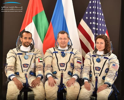 Emirati astronaut Hazza Al Mansouri with Roscosmos commander Oleg Skripochka and American Nasa astronaut, Jessica Meir. Courtesy Dubai Media Office
