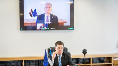 Estonian Prime Minister Juri Ratas attends a video call with his Latvian counterpart Krisjanis Karins and Lithuanian Prime Minister Saulius Skvernelis on Wednesday. Reuters