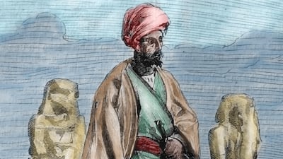 Moroccan explorer Ibn Battuta in Egypt. Illustration by Leon Benett from a book by Jules Verne in 1878. Alamy