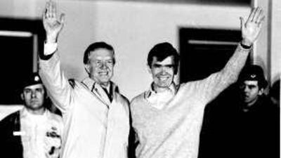 Jimmy Carter, then the outgoing US president, with Bruce Laingen, at a hospital in Germany in 1981 after the hostages' release.