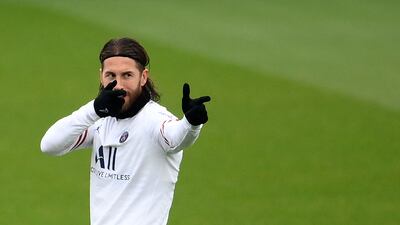 Paris Saint-Germain's Spanish defender Sergio Ramos during a training session at the Camp des Loges training ground on November 19, 2021. AFP