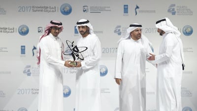 Sheikh Hamdan bin Mohammed, Crown Prince of Dubai, presented Bader Al Asaker, director-general of the Misk Foundation, with the Mohammed Bin Rashid Al Maktoum Knowledge Award last month. Christopher Pike / The National