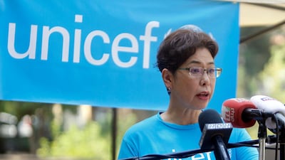 Yukie Mokuo, UNICEF Representative to Lebanon speaks during a press conference after one month of a huge explosion that rocked the city in Beirut, Lebanon. UNICEF declared that urgent action and increased support are vital to ensure that all children affected by the Beirut explosions can access education when the new school year starts later this month, one month after two massive explosions tore through the city. At least 163 public and private schools were damaged by the explosions impacting over 70,000 students and 7,600 teachers. In addition, 20 TVET (Technical and Vocational Education and Training) schools were damaged, impacting approximately 7,300 students. According to Lebanese Health Ministry, at least 190 people were killed, and more than six thousand injured in the Beirut blast that devastated the port area on 04 August and believed to have been caused by an estimated 2,750 tons of ammonium nitrate stored in a warehouse. EPA