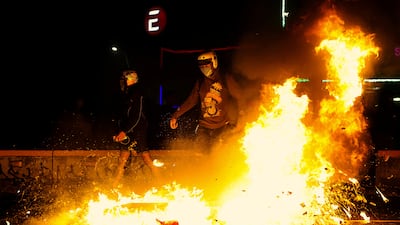 A barricade burns in a Jakarta street during a protest against Indonesian President Prabowo Subianto's policies and the government's handling of wildfires. Reuters