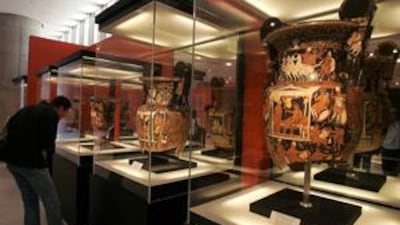 Fourth century artefacts returned by the J Paul Getty Museum in Malibu on display in the New Acropolis Museum's temporary exhibition hall in 2008.