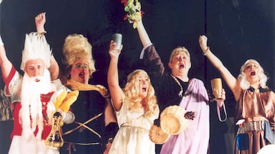Zeus (Ray Sheehan), Hera (Paul Hudson), Petal (Sophie Glanville), Bacchus (Christine Champion) and Narcissus (Christie Grieve) in the 2006 production of Hercules. Courtesy David Campbell