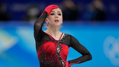 Kamila Valieva, of the Russian Olympic Committee, reacts in the women's team free skate program. AP