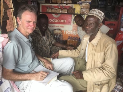 James Hanning chats to local men about Speke's journey. Courtesy James Hanning