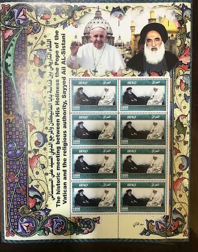 The stamps commemorate Pope Francis's meetings with officials and religious leaders including Ayatollah Ali Al Sistani