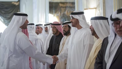 Sheikh Mohammed bin Zayed, Crown Prince of Abu Dhabi Deputy Supreme Commander of the Armed Forces, third right, offers condolences to the family of Sheikh Hamdan bin Rashid bin Hamdan bin Mohammed Al Nahyan. Seen with Sheikh Suroor bin Mohammed (2nd R) and Sheikh Tahnoon bin Mohammed, Ruler’s Representative of the Eastern Region of Abu Dhabi, fourth right. Mohamed Al Hammadi / Crown Prince Court - Abu Dhabi