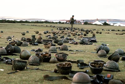 Helmets abandoned by Argentinian forces who surrendered to British troops in the Falklands War. PA
