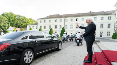 Mr Steinmeier bids farewell to Sheikh Mohamed bin Zayed after a meeting at the Bellevue Palace. Ministry of Presidential Affairs