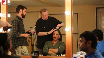 A handout photo of showing Shah Rukh Khan with Director Maneesh Sharma and makeup artist, Greg Cannom on the set of "Fan" (Courtesy: Yash Raj Films)