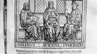 Greek physicians Claudius Galen, left, and Hippocrates, right, with Persian physician Ibn Sina, often known as Avicenna, centre, printed from a 15th century medieval woodcut. Ibn Sina's 11th century medical encyclopaedia, The Canon of Medicine (Kitab Al Qanun fi Al Tibb), combining Greek and Islamic thought, is one of those discussed by author Jack Lynch. Bernd-Jurgen Fischer / ullstein bild via Getty Images.